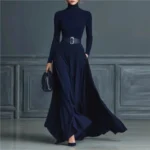 Fashion Half High Collar Knitted Long Dress Autumn Casual Long Sleeve Party Dress 2026 Winter Elegant Splicing Maxi Dress