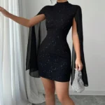Sexy Elegant Evening Party Dresses Round Neck Pit Stripe Pearl Chiffon Cape Sleeve Wrapped Hip Dress New Fashion 2025 Casual